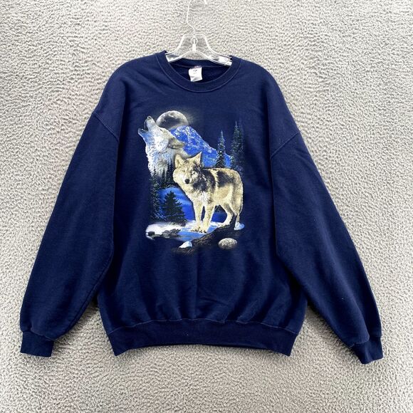 Vintage Jerzees Sweater Men's XL Navy Crew Neck 90s Single Stitch Wolf Full Moon - Picture 2 of 10
